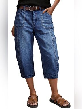 Flamingals Mid Waist Barrel Leg Capri Jeans Cargo XS PS3-6